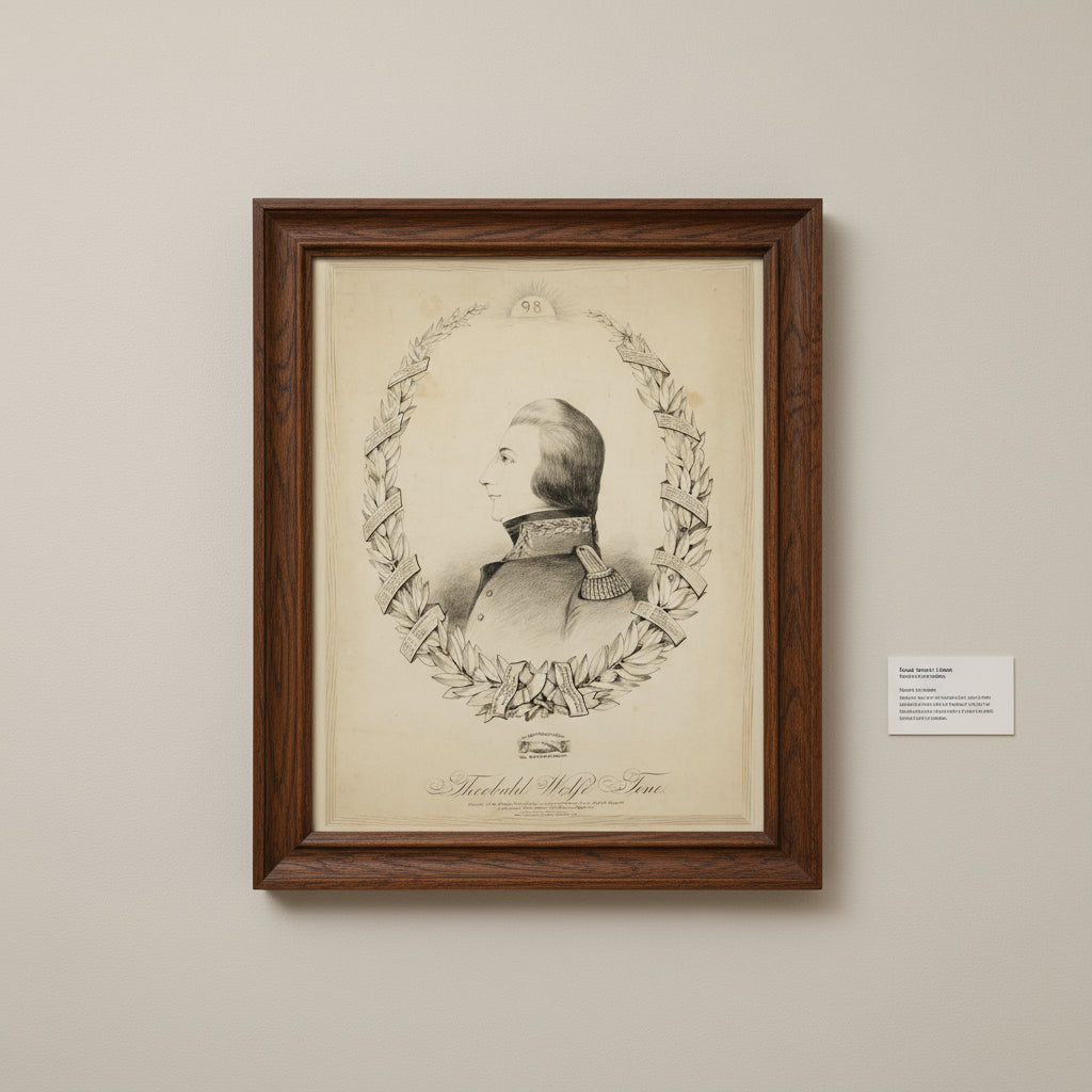 Oak-framed historical portrait of Wolfe Tone on a softly lit exhibition wall, paired with descriptive wall text. Neutral lighting emphasizes the engraving detail — classic museum photography look.