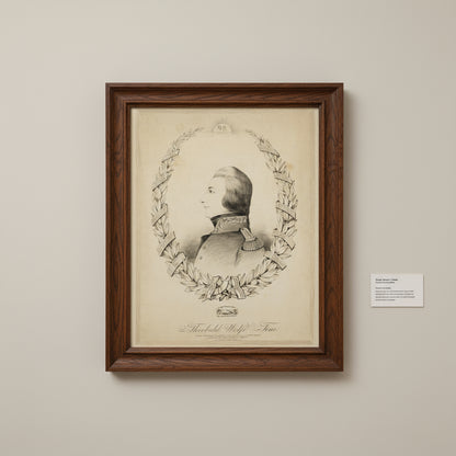 Oak-framed historical portrait of Wolfe Tone on a softly lit exhibition wall, paired with descriptive wall text. Neutral lighting emphasizes the engraving detail — classic museum photography look.