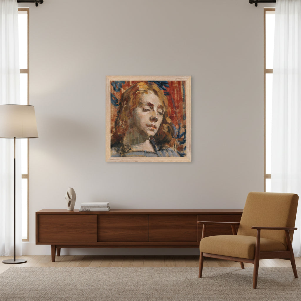 Portrait of Kathleen Behan Mother of all Behan's by Irish Artist Sarah Henrietta Purser Art Print Natural oak wooden frame in a mid-century modern room, teak sideboard, minimal décor, soft ambient lighting, clean architectural lines, photorealistic.

