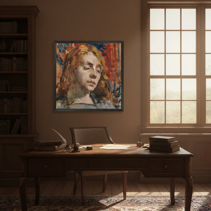 Black wooden gallery frame in a vintage Georgian study, warm brown walls, antique writing desk below, afternoon window light, atmospheric classical interior, photorealistic.
