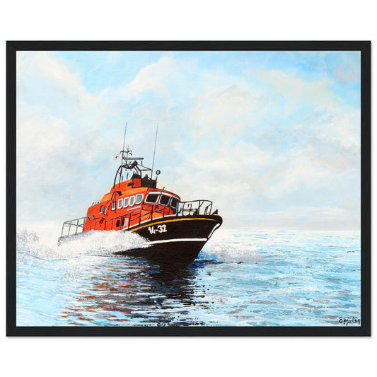 Framed art print of an RNLI lifeboat battling waves, celebrating the bravery of lifeboat crews. Available in multiple colour frame and finishes. Perfect for any nautical enthusiasts that support the RNLI's life-saving missions.