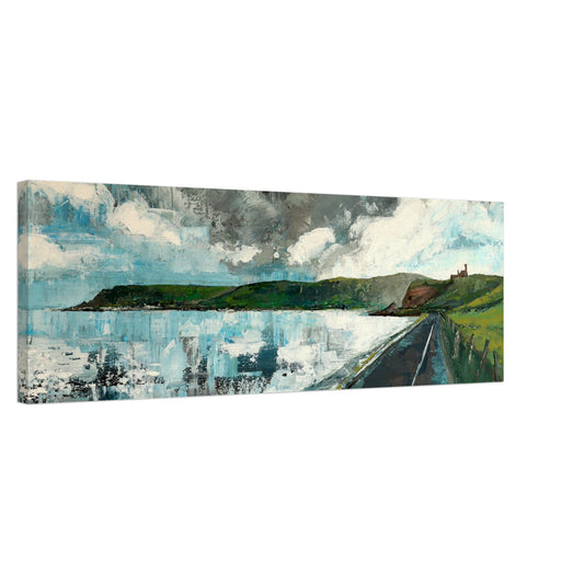 Red Bay Coast Road semi-abstract landscape canvas art print by Irish artist Mullan. Depicts ruins of Red Bay Castle on a headland between Cushendall and Waterfoot in the Glens of Antrim. The artwork combines coastal scenery with a unique artistic style.