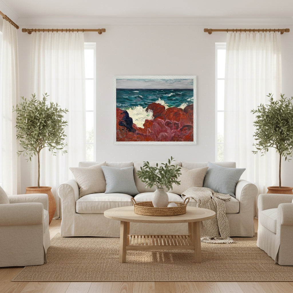 “Red Rocks and Sea (1898) by Roderic O’Conor — vivid red rocks and crashing Atlantic waves painted in bold Post-Impressionist colour.”