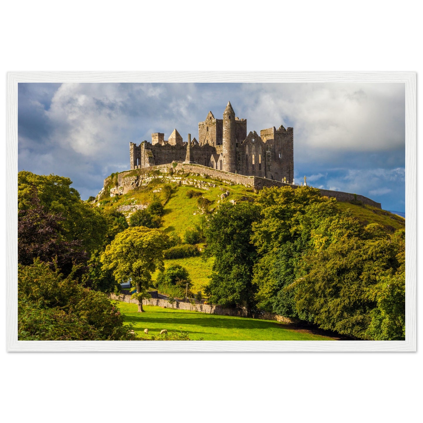 Rock of Cashel framed print in a black frame, 30×45 cm, showing medieval ruins above green fields