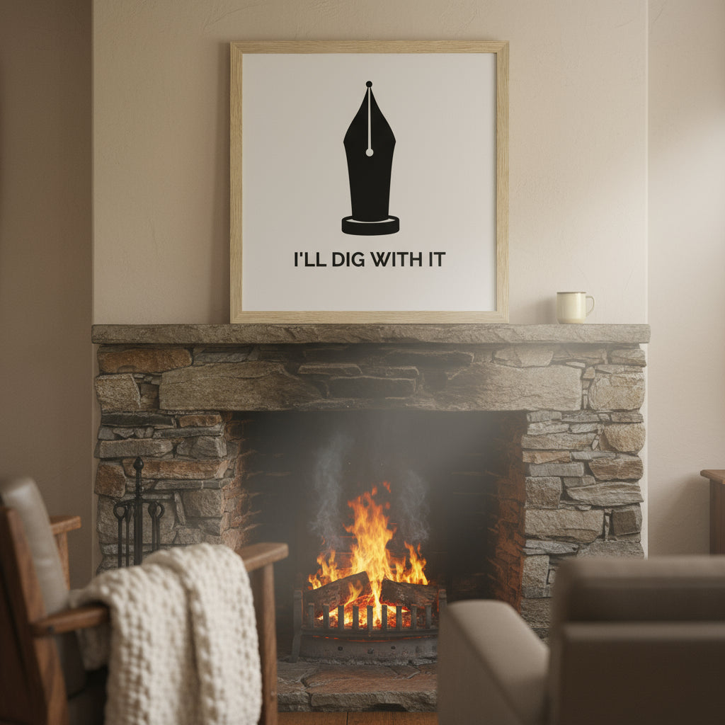 Seamus Heaney quote print in natural wood frame displayed on a stone wall or above a fireplace in a cosy Irish cottage. Soft earthy tones, knit blanket, turf fire, ceramic mug — literary charm meets heritage.