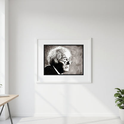 Immerse your space in the poetic brilliance of Seamus Heaney with our framed fine art print. This carefully crafted portrait print pays homage to the lyrical genius of the beloved Irish poet. Black-framed portrait between shelves of poetry anthologies and Irish history volumes. Atmospheric side light highlighting paper texture and Heaney’s thoughtful expression.