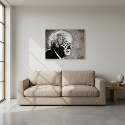 Seamus Heaney with our framed fine art print. The Collector’s Edition print in a natural oak frame hanging above a linen sofa in a minimalist modern home. Pale plaster walls, neutral tones, Irish ceramics and plants nearby. Soft daylight accentuates texture and detail of archival paper.