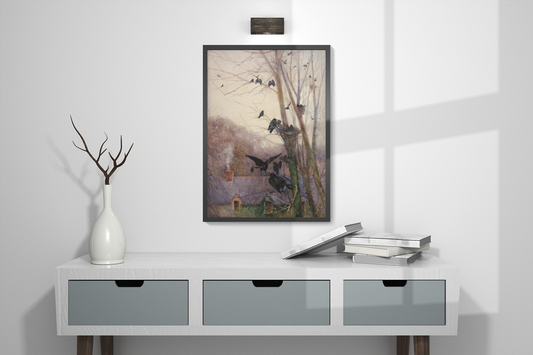 Framed Irish artwork on a wall above a white console table with decorative items.
