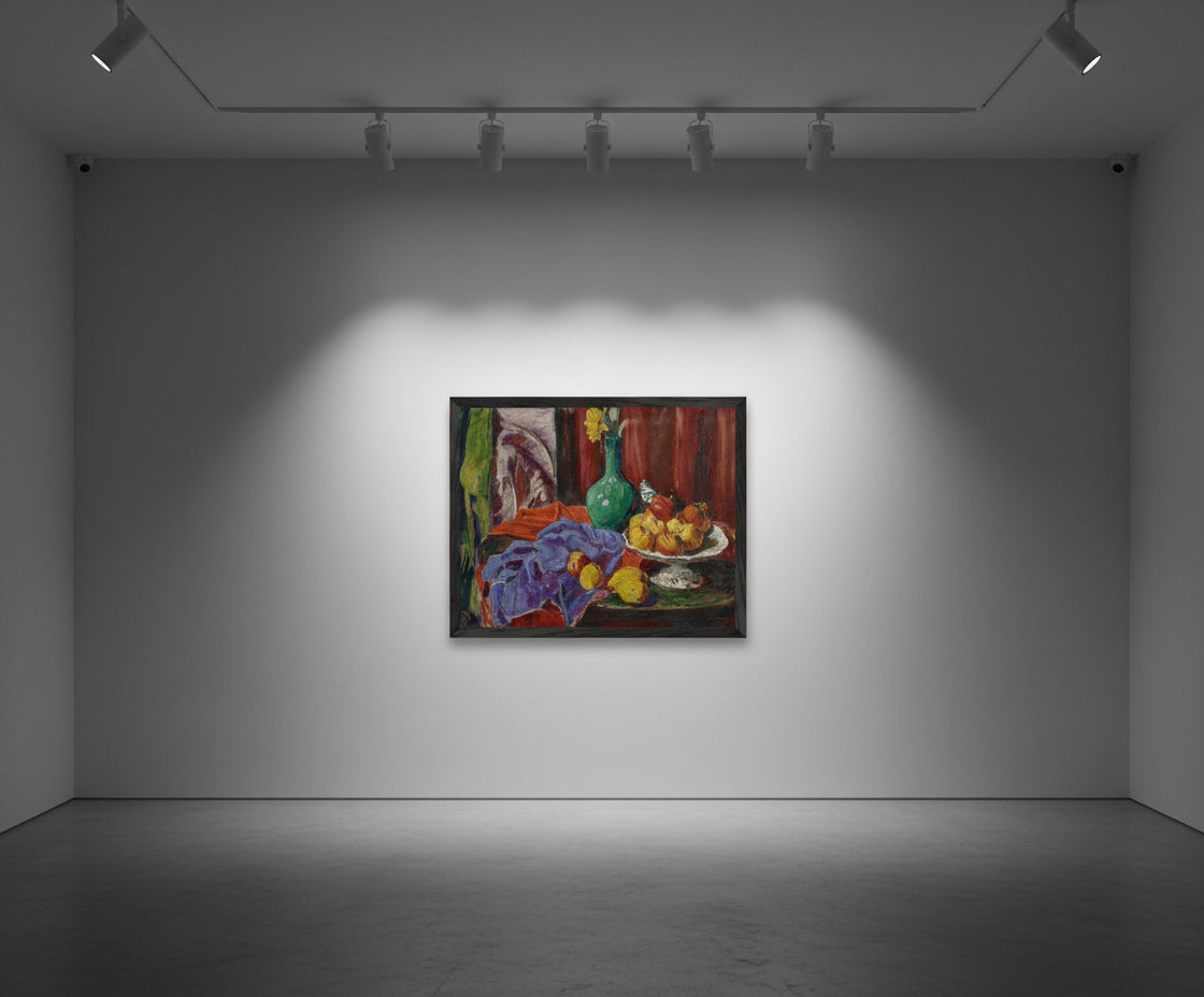 Roderic O’Conor 1919 still life in a black gallery frame, presented in a sophisticated modern space with contrasting light walls, moody shadows, high-end artistic atmosphere.