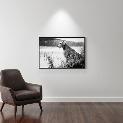 Stunning framed print featuring an Irish Wolfhound, 60×90 cm print in a minimalist modern living room; white walls, dark wood floors, leather armchair and soft spotlight highlighting the artwork.