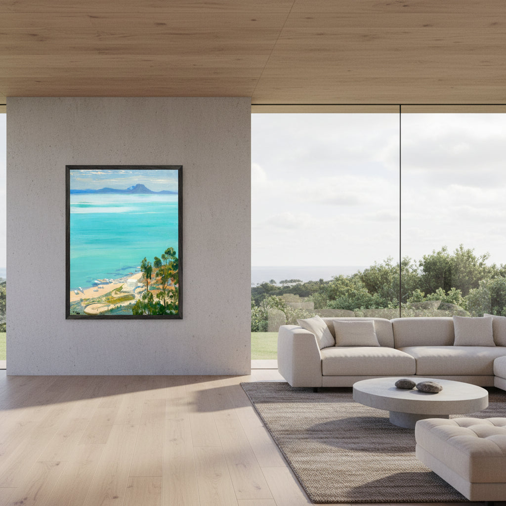 The Bay of Tunis, Morning by Artist Sir John Lavery (1919) – Irish Art Print, gallery edition framed print in slim black wooden frame, displayed in a modern
architectural home with floor-to-ceiling windows, indirect daylight, concrete and
oak textures, minimalist styling, luxury coastal home ambience, 4K photorealistic
