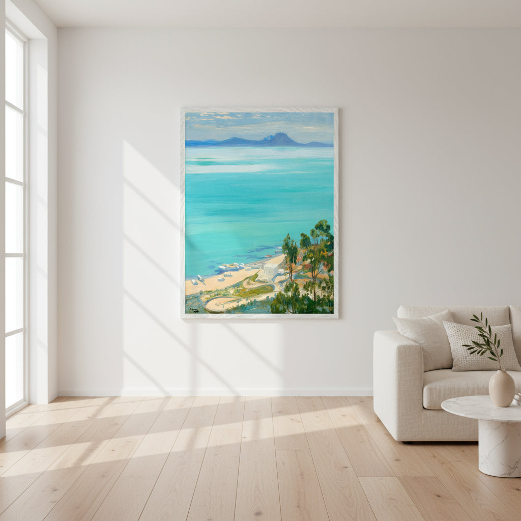 The Bay of Tunis, Morning by Artist Sir John Lavery (1919) – Irish Art Print, gallery edition print in matte white slim frame, bright coastal-inspired room, natural light, calm sophisticated palette, modern gallery interior, 4K realism
