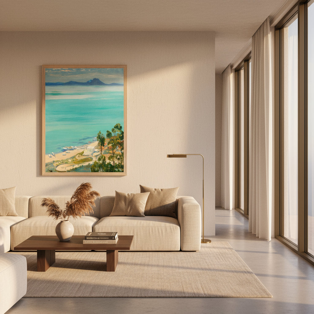 The Bay of Tunis, Morning by Artist Sir John Lavery (1919) – Irish Art Print, oak-framed fine art print displayed in a luxury contemporary apartment with warm sunset lighting, layered interior textures, beige and sand tones, editorial
minimalist styling, 4K realism
