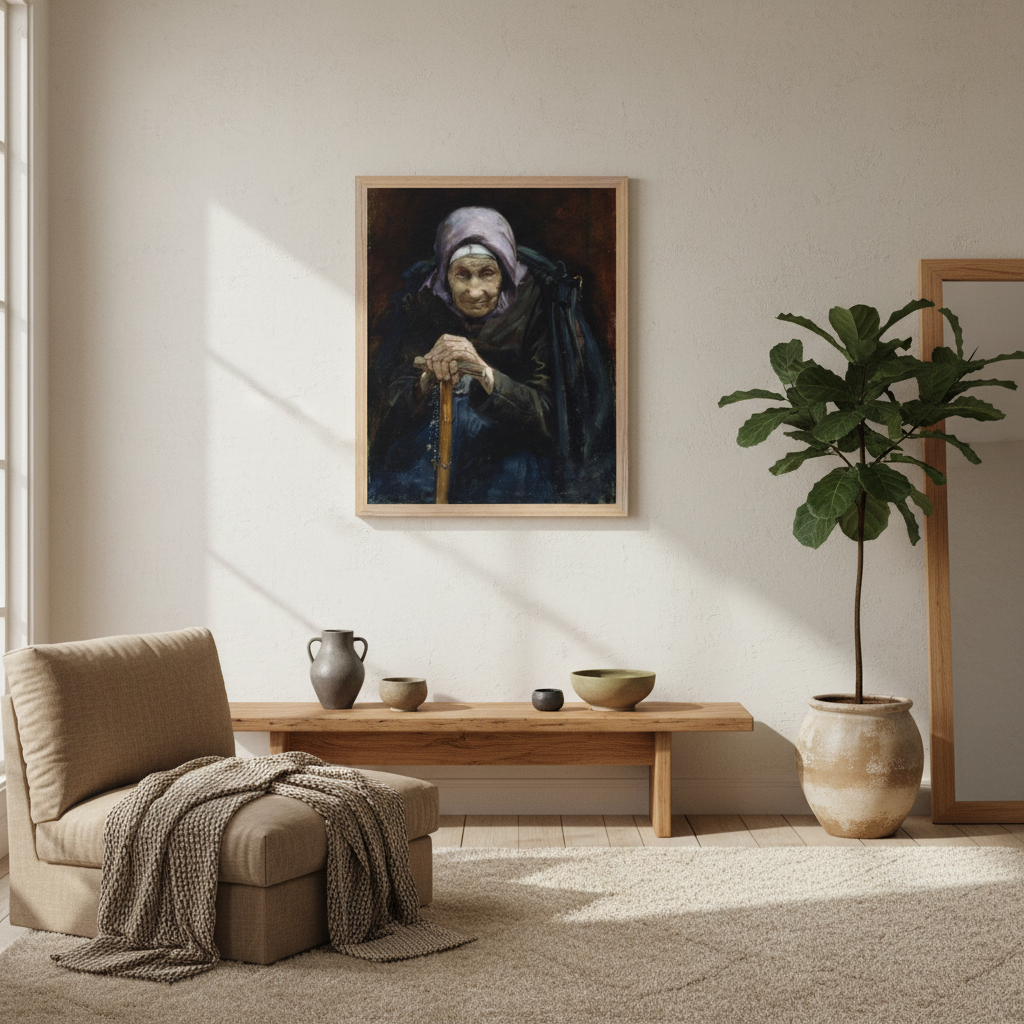 The Fisherman’s Mother by Helen Mabel Trevor framed in light natural wood, hung in a warm contemporary space with oak accents and soft earth tones. Sunlit room with plants, textured fabrics, artisan ceramics. A refined but relaxed interior scene, premium lifestyle look and feel.