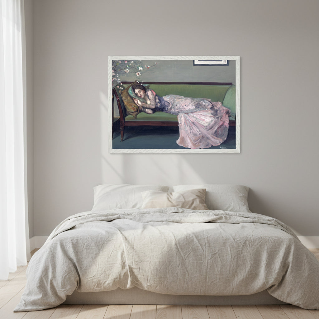 The Green Sofa by Sir John Lavery in A3 size, framed in a white hardwood gallery frame, light-filled bedroom, linen bedding, soft neutrals, serene atmosphere.