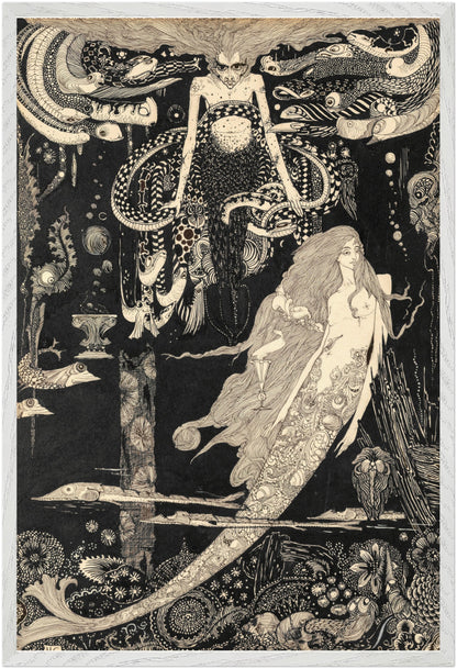 The Little Sea Maid by Harry Clarke, vertical 60×90 cm art print in a white gallery frame, ornate black-and-white Art Nouveau illustration. Artistic depiction of mermaids and sea creatures with intricate patterns on a black background