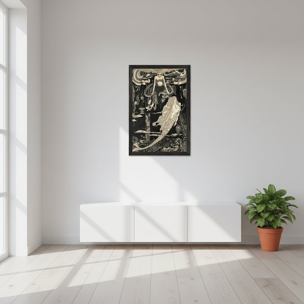 The Little Sea Maid by Irish Artist Harry Clarke Art Print30×45 cm / 12×18″ – Vertical – Black Frame. Display it in a slim, modern black gallery frame, shown vertically. Scandinavian interior, white wall, soft natural daylight, minimal decor.