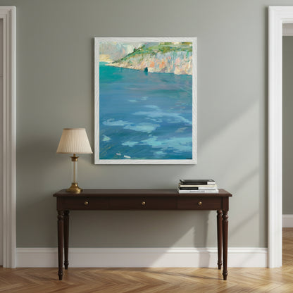 The Little White Boats, Cap Ferrat by Sir John Lavery Collector’s Edition print, 40x50 cm white frame, styled above a console table in an elegant period townhouse hallway, muted Farrow & Ball style wall colour, herringbone wooden floor, vintage lamp and stack of art books, high-end gallery feel.
