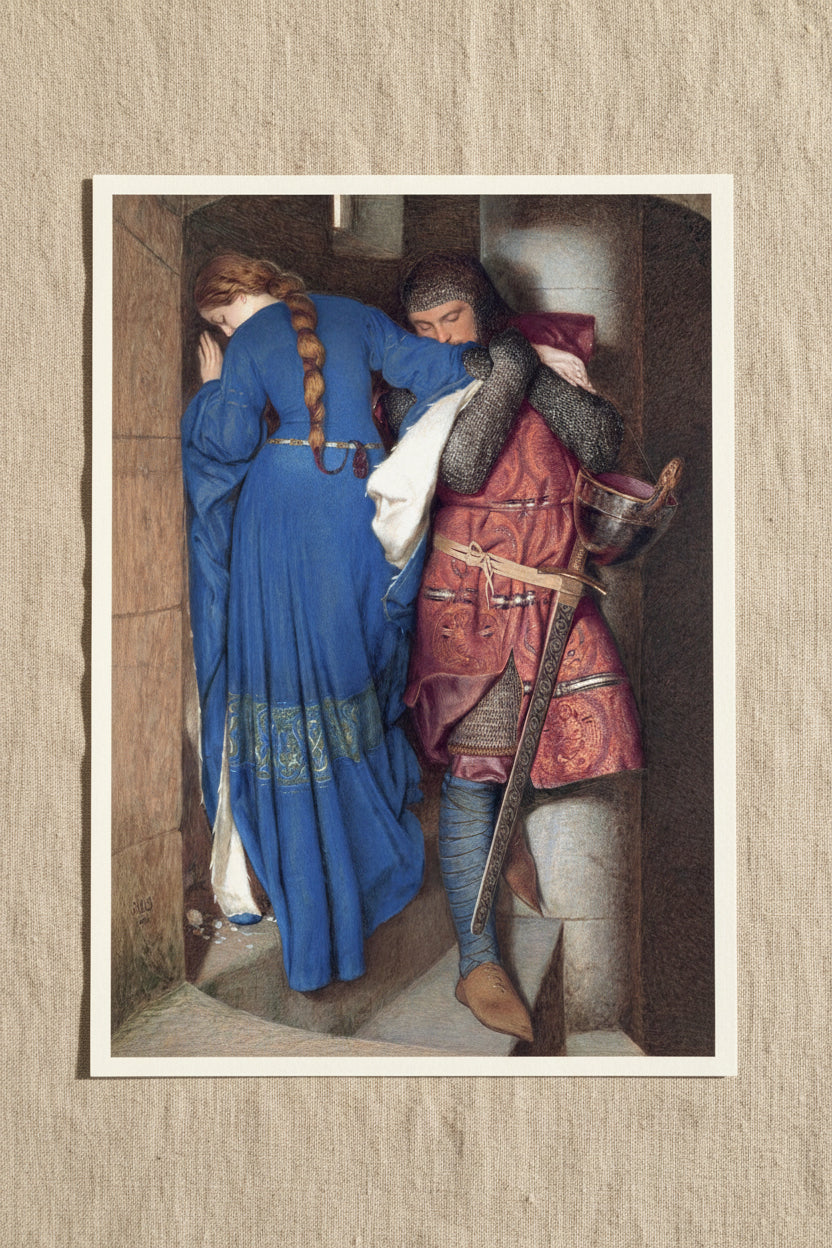 The Meeting on the Turret Stairs – Irish Romantic Art Print  unframed archival print resting on light linen fabric. Soft natural daylight, gentle shadows, artisanal fine-art photography style. Buy Irish Art
