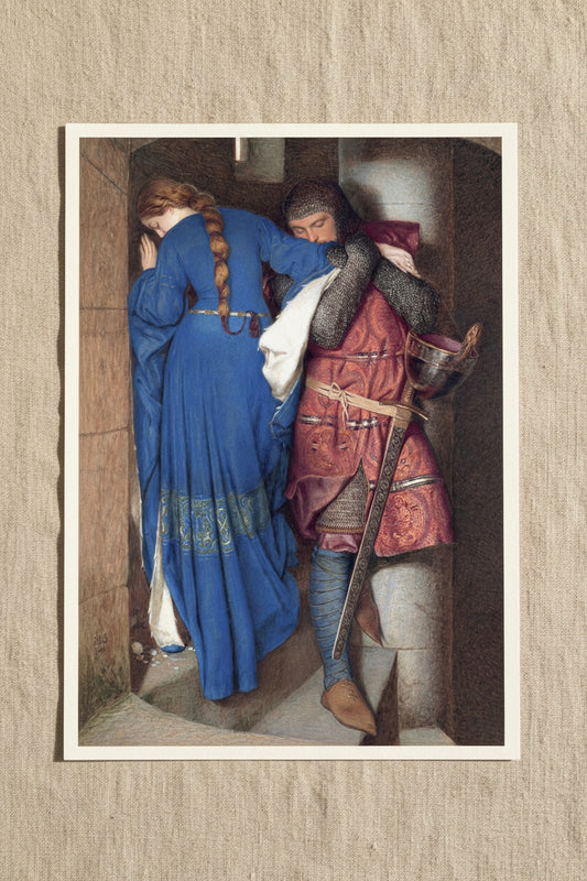 The Meeting on the Turret Stairs – Irish Romantic Art Print  unframed archival print resting on light linen fabric. Soft natural daylight, gentle shadows, artisanal fine-art photography style. Buy Irish Art
