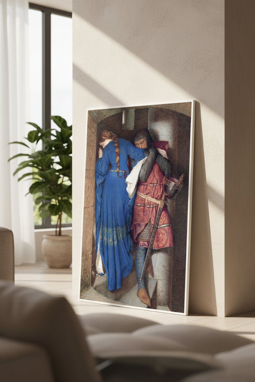 The Meeting on the Turret Stairs – Irish Romantic Art Print  white framed in a modern living room with a plant and sofa.