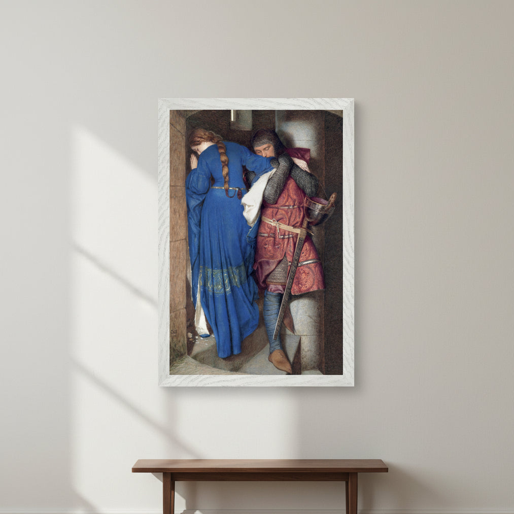 The Meeting on the Turret Stairs by Frederic William Burton, 30x45 cm vertical art print in a white gallery frame, Collector’s Edition museum-quality reproduction. Collector’s Edition of ‘The Meeting on the Turret Stairs’ by Frederic William Burton in a white gallery frame, vertical orientation, realistic shadow depth, museum-quality fine art presentation, hanging on a light neutral wall with soft daylight, minimalist interior styling suitable for premium art sales.