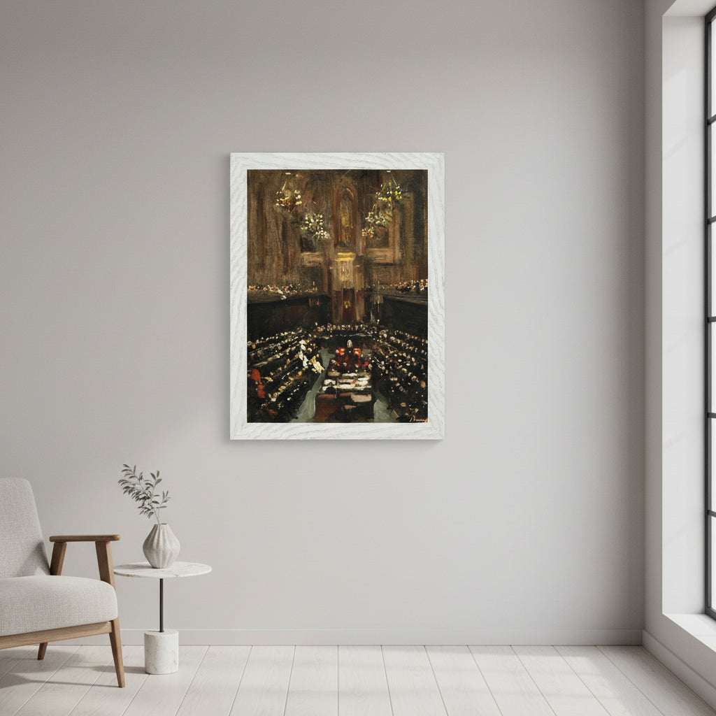 The Ratification of the Irish Treaty (1921) in a crisp white gallery frame, hung on a soft dove-grey wall, natural daylight from a tall window, Scandinavian minimalist interior, clean lines, airy styling, photorealistic.