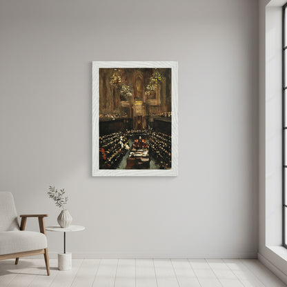 The Ratification of the Irish Treaty (1921) in a crisp white gallery frame, hung on a soft dove-grey wall, natural daylight from a tall window, Scandinavian minimalist interior, clean lines, airy styling, photorealistic.