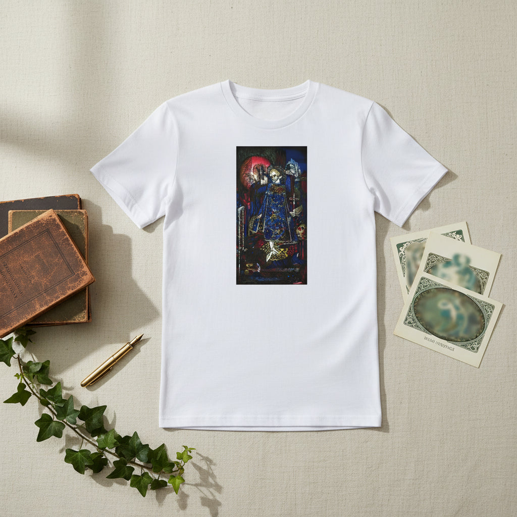 Flat-lay composition of “The Song of the Mad Prince” Irish art T-shirt styled beside vintage books, fountain pen, art postcards, and a sprig of ivy. Overhead view, soft shadowing, cohesive neutral tones. Evokes creative Irish heritage and Art Nouveau elegance.