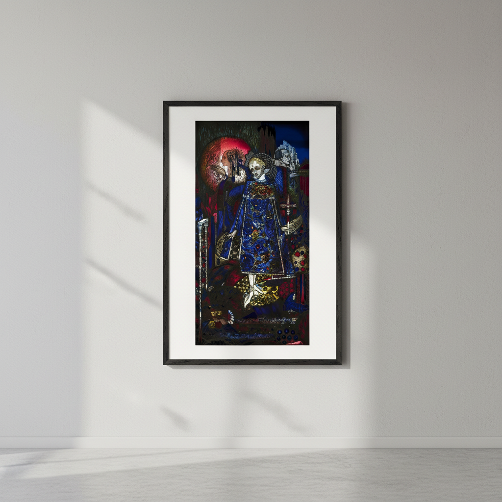 Create a high-resolution interior mock-up of a Collector’s Edition archival art print of “The Song of the Mad Prince” by Harry Clarke (1917). 
Frame: matte black hardwood, deep profile, museum-grade finish. 
Print size: 40 × 80 cm.  
Scene: elegant gallery-style interior with soft neutral walls (white or light grey). 
Lighting: soft diffused natural light to enhance the stained-glass jewel tones (reds, blues, golds). 
Shadowing: subtle, realistic, with gentle falloff. 
Room aesthetic: minimal modern living 