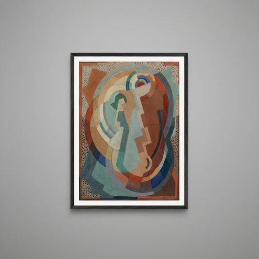 The Virgin and Child framed in black wood on a soft grey wall under diffused gallery lighting. Museum-style tone with subtle shadow, focus on geometric abstraction.