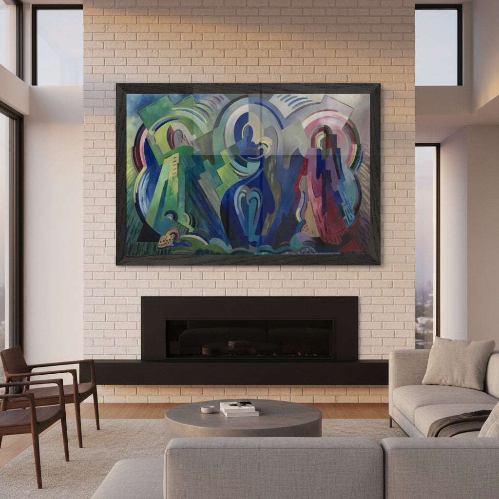 The Virgin of Éire by Mainie Jellett – large framed print centered above a fireplace in an open-plan contemporary home