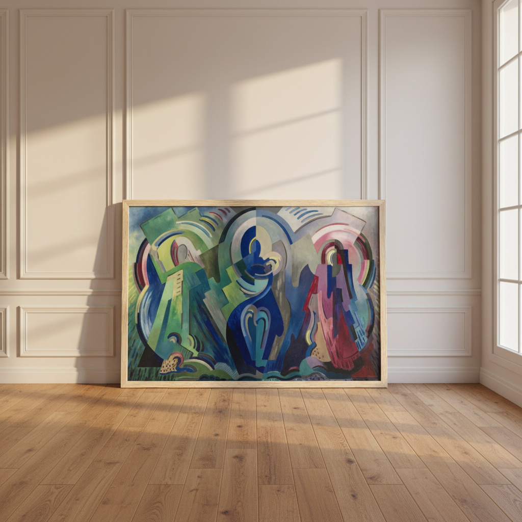 The Virgin of Éire by Mainie Jellett – 60 × 90 cm framed print scale reference in a contemporary living room