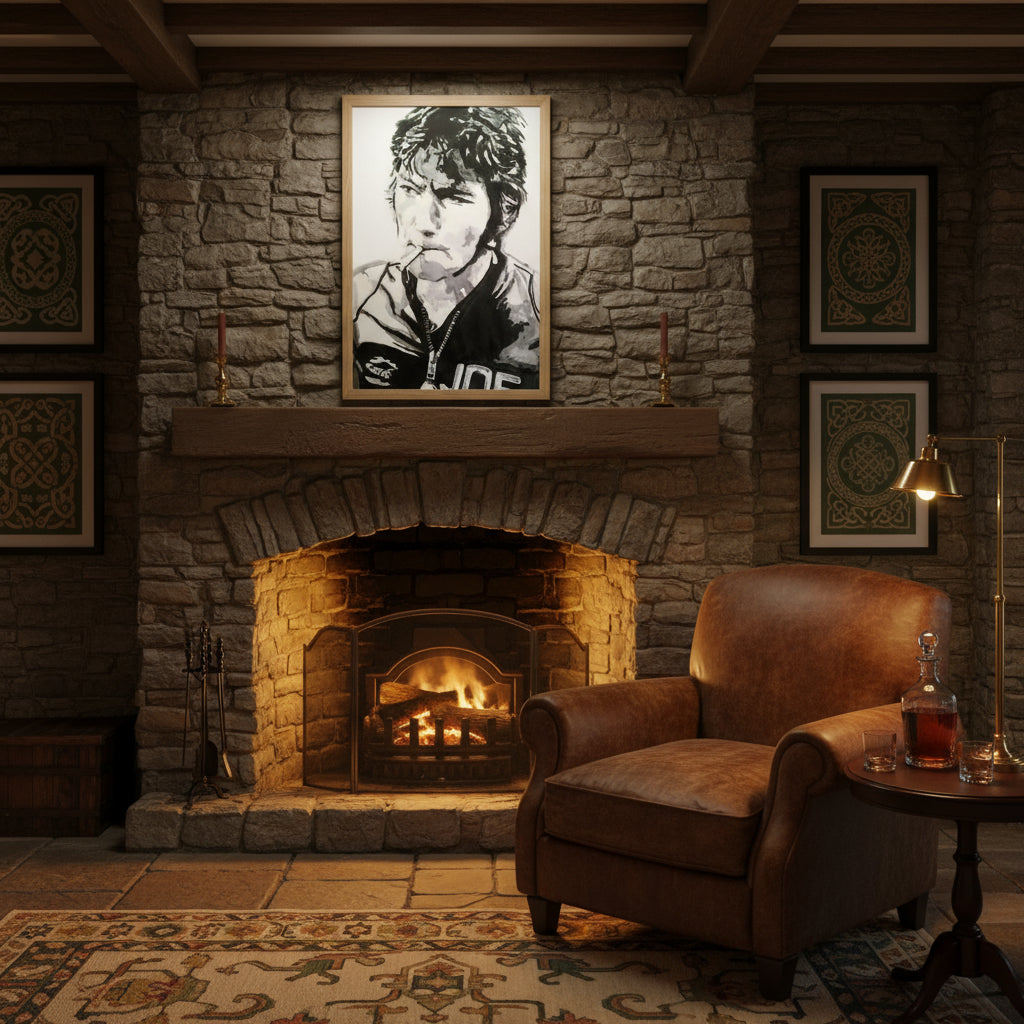 The print in a traditional Irish home, stone fireplace, framed Celtic prints, leather armchair, low warm lighting, whiskey decanter on table.