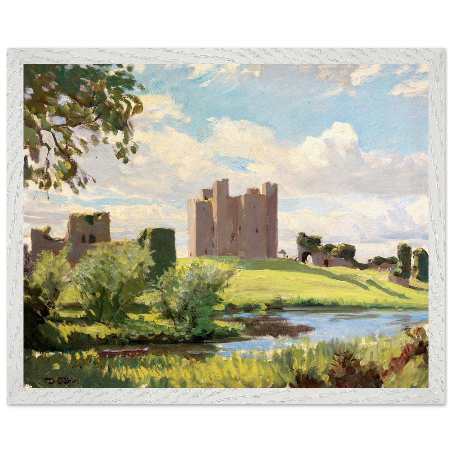 Trim Castle art print by Dermod O’Brien displayed in a minimalist modern living room with clean lines, oak furniture, soft grey walls, Scandinavian textures, bright natural lighting, 40×50 cm wooden frame.”
