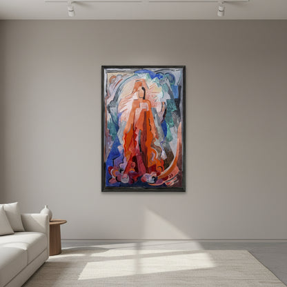 framed art print of Mainie Jellett I Have Trodden the Winepress Alone,
thin black gallery frame, hanging on soft grey museum wall, diffused
gallery lighting, subtle shadows, high-end collector home interior,
ultra-realistic 4K photography
