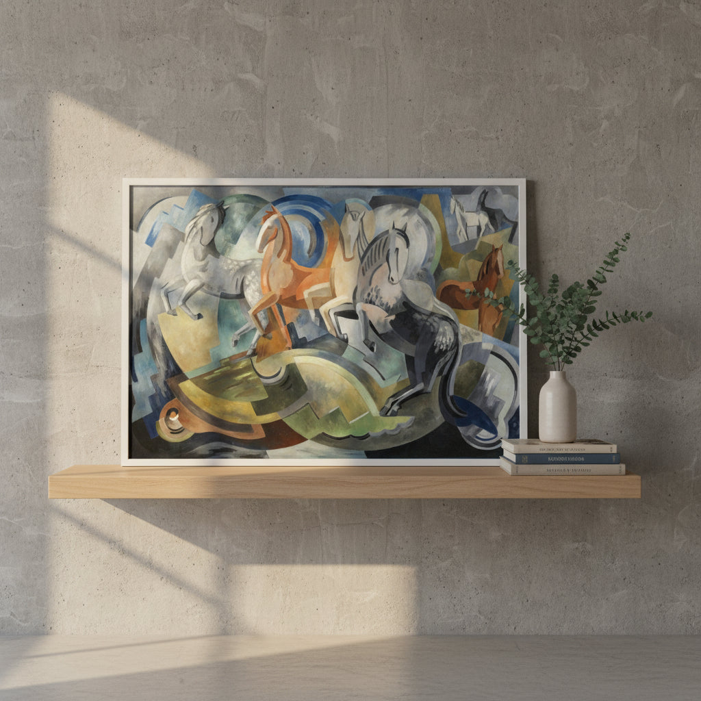 Unframed Collector’s Edition print of Achill Horses displayed on a floating shelf in a modern Irish home; raw concrete wall, ceramic vase with eucalyptus, linen-bound art books stacked beside print, warm morning light casting gentle shadows.