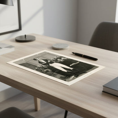 Unframed black-and-white Robert Emmet engraving on a clean Scandinavian desk with soft daylight. Neutral tones, modern simplicity, crisp paper edges visible — conveys premium quality and craftsmanship.