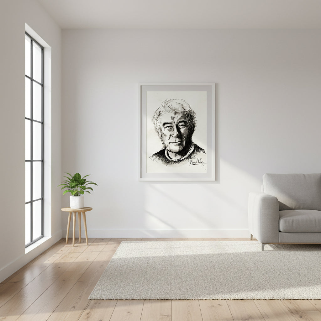 Irish Poet, Seamus Heaney, Black and White Portrait Framed Art Print Poster Direct From the Artist  Buy Irish Art. White-frame gallery featuring a pen-and-ink portrait of Seamus Heaney, displayed in a minimalist Scandinavian living room, soft natural daylight.