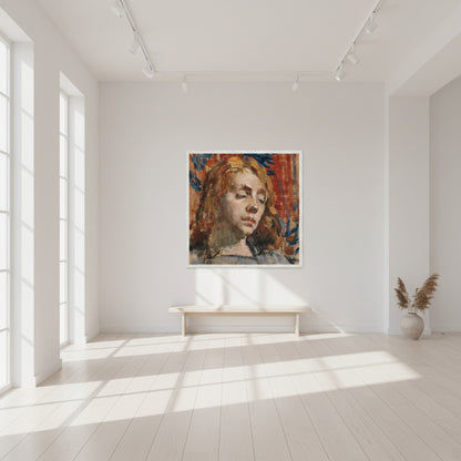 White-frame gallery mock-up of Purser’s ‘Portrait of Kathleen Behan’, styled in a minimal Scandinavian interior with soft daylight, airy textures, white walls, refined museum presentation.