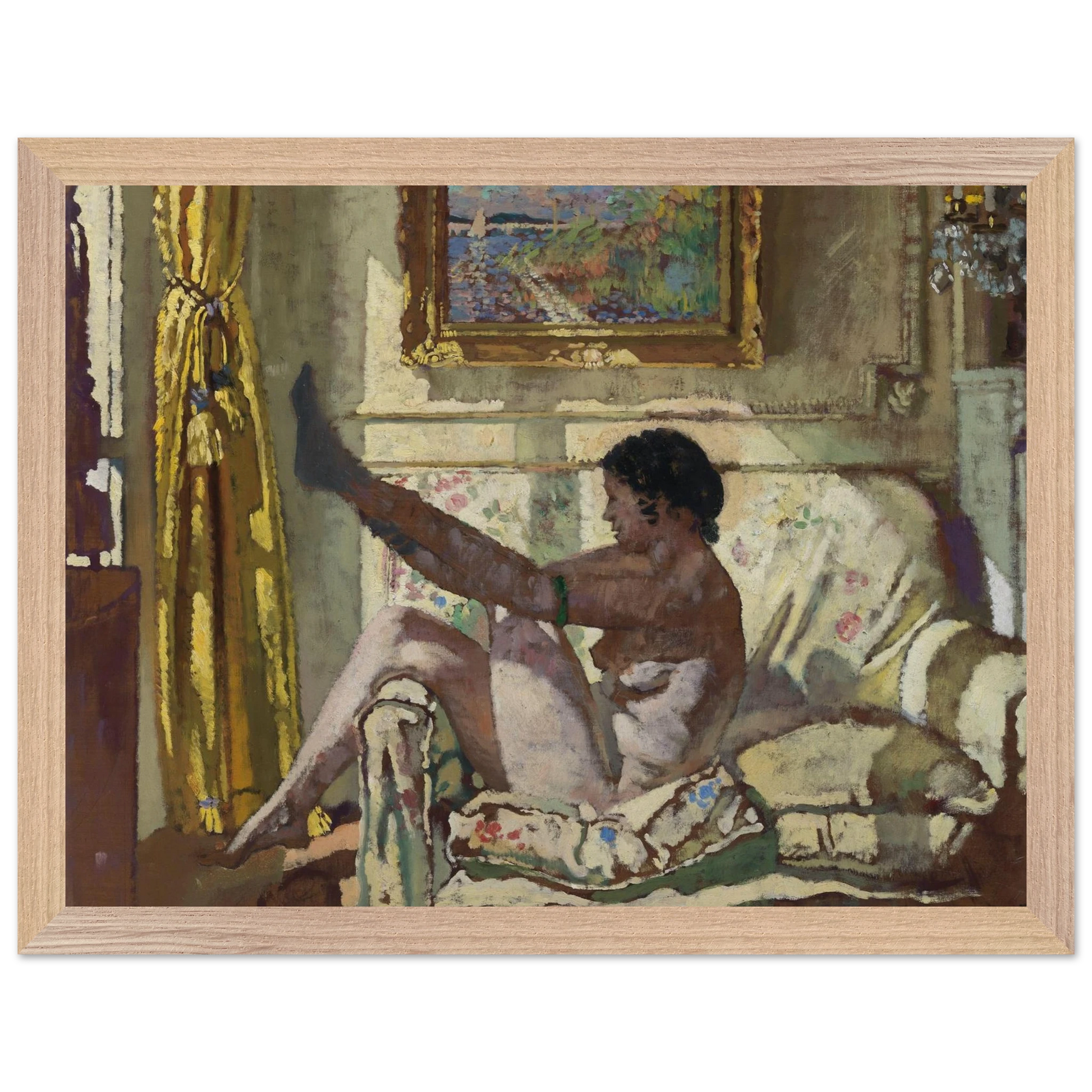 William Orpen Sunlight framed art print, warm-toned interior with nude woman adjusting stocking, natural wood frame, 30x40 cm.