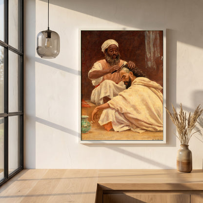 A Barber, Morocco framed print in a white frame on a plaster wall above an oak worktop in a bright Scandinavian kitchen
