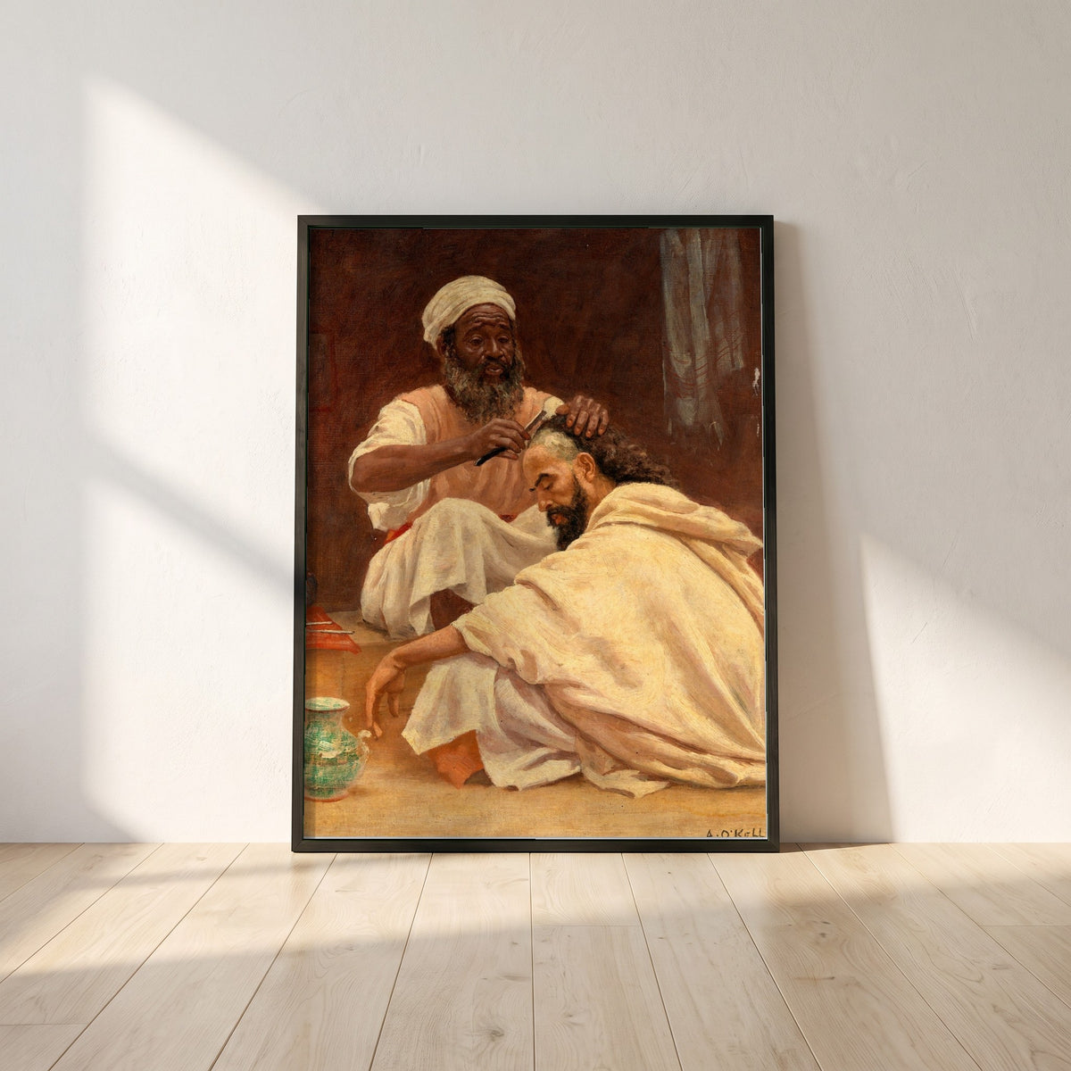 A Barber, Morocco framed print in a black frame leaning against a white plaster wall on oak floorboards in morning light