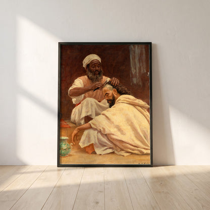 A Barber, Morocco framed print in a black frame leaning against a white plaster wall on oak floorboards in morning light