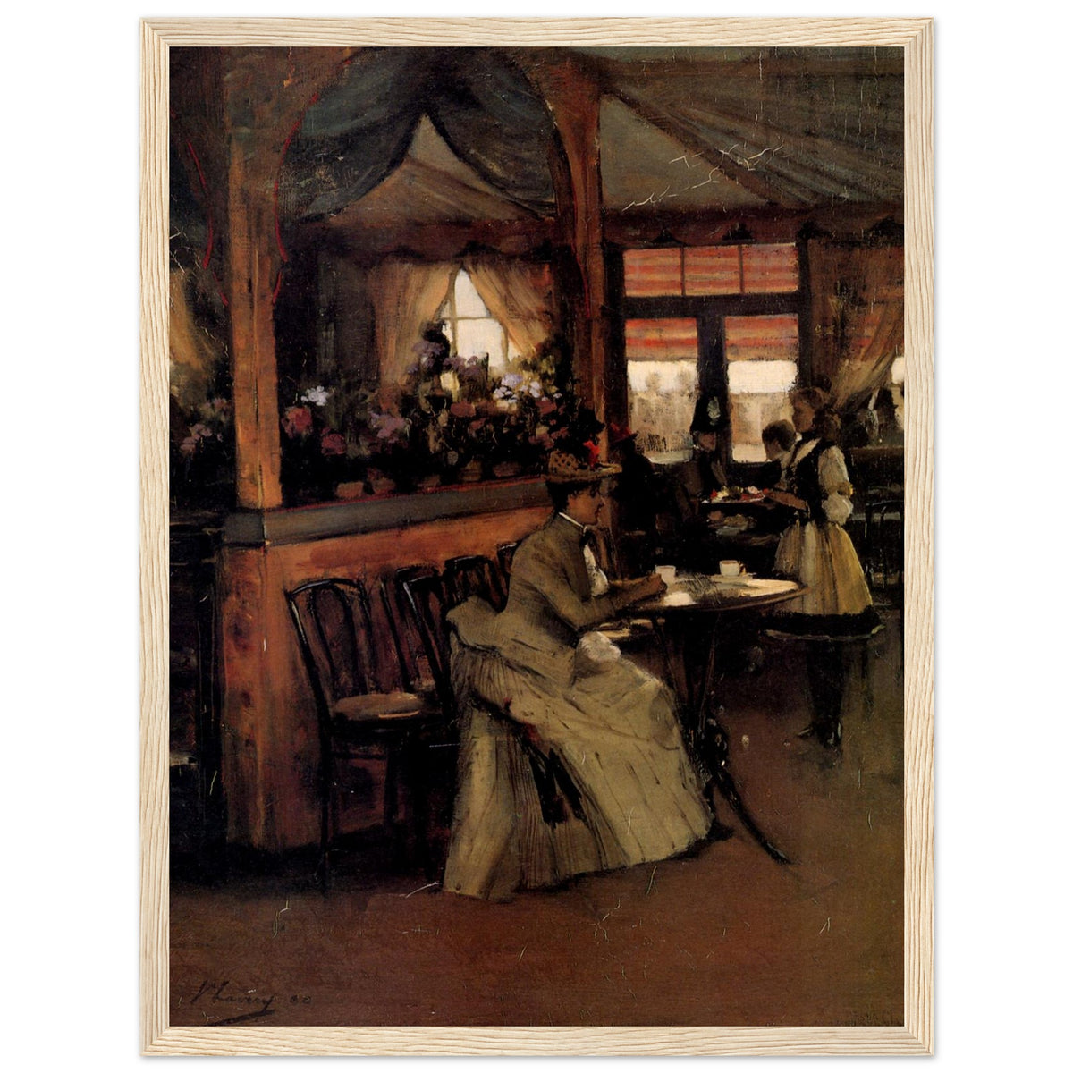 A Cup of Chocolate by John Lavery in a pale wood frame on a white background