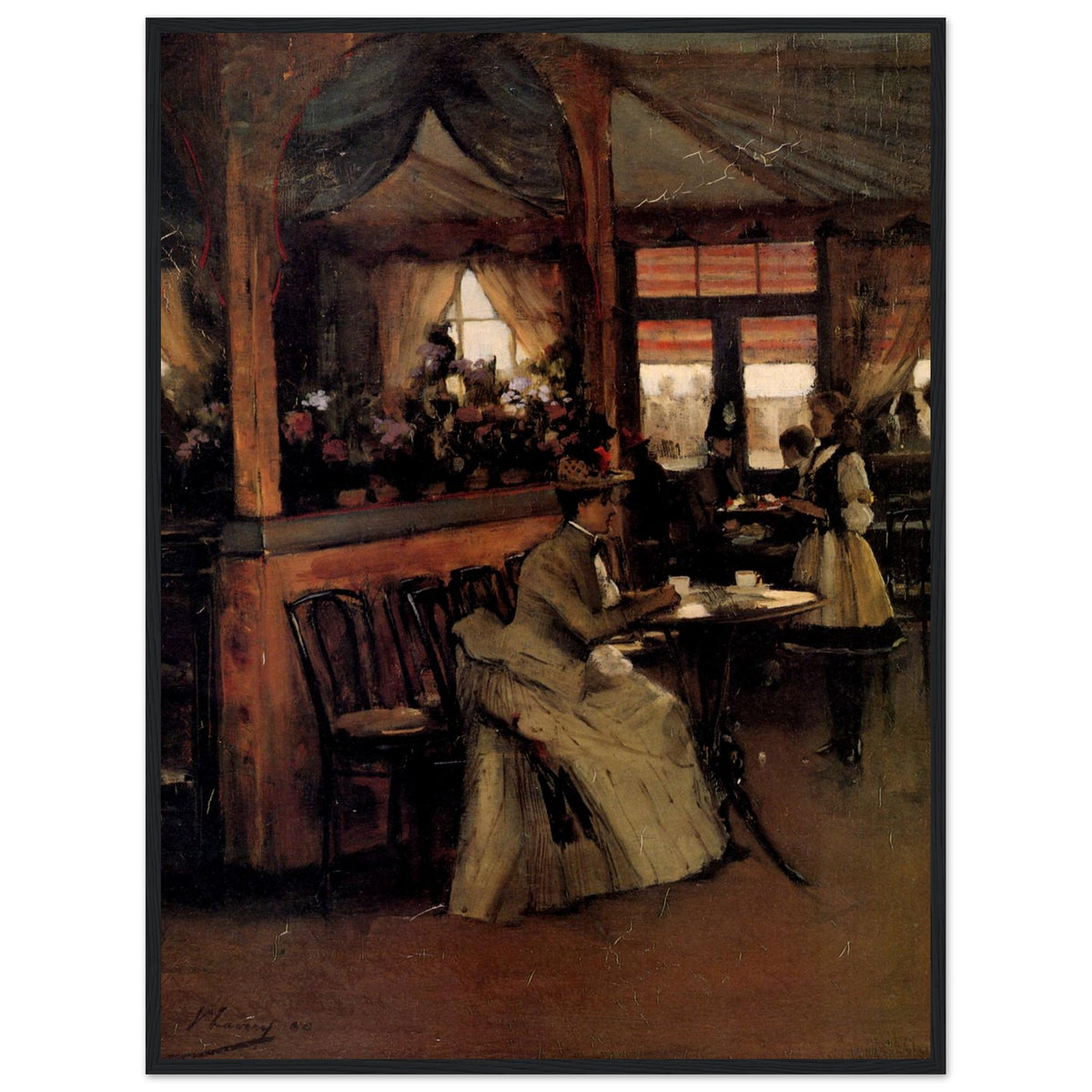 A Cup of Chocolate by Sir John Lavery in a dark wood frame