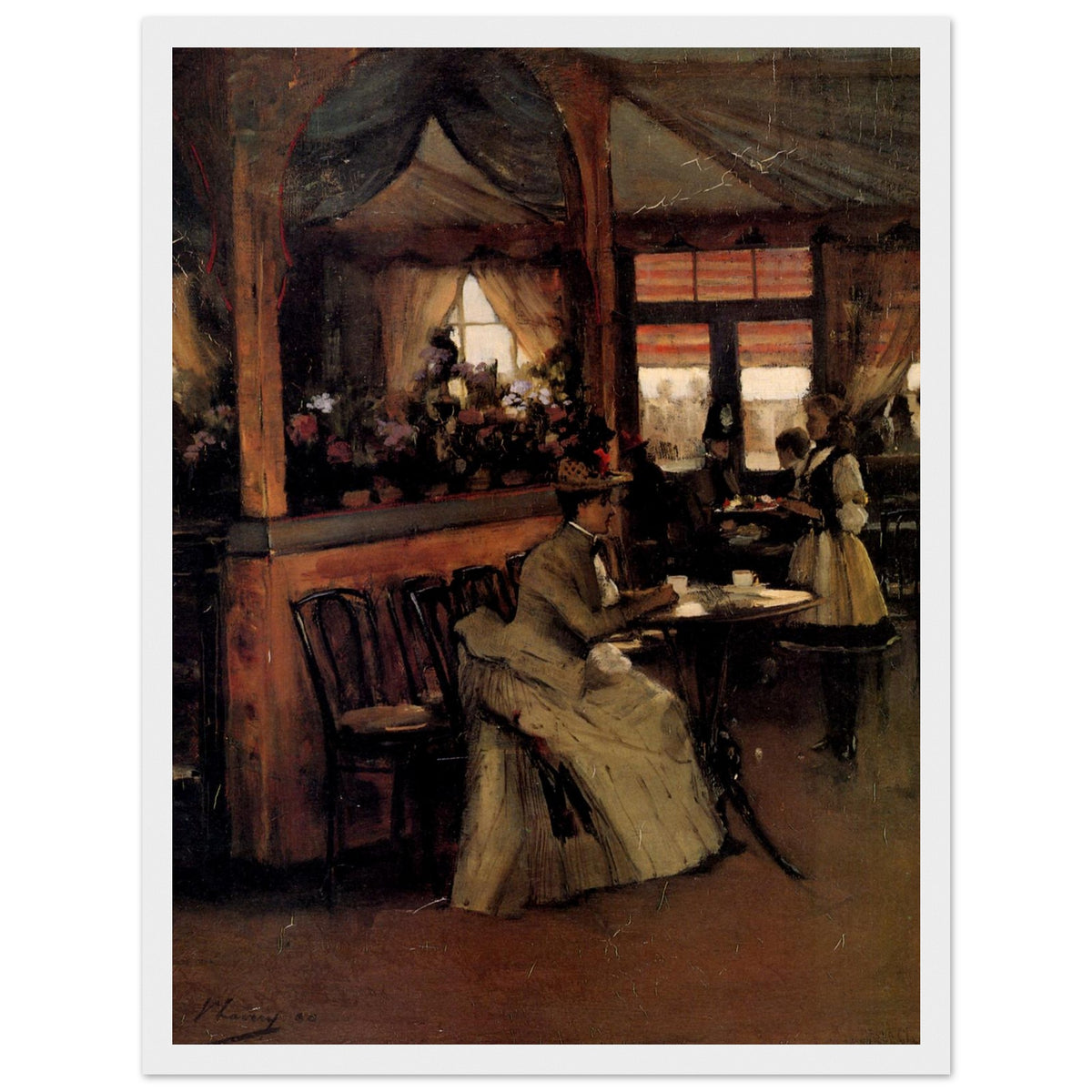 A Cup of Chocolate by Sir John Lavery in a slim white frame