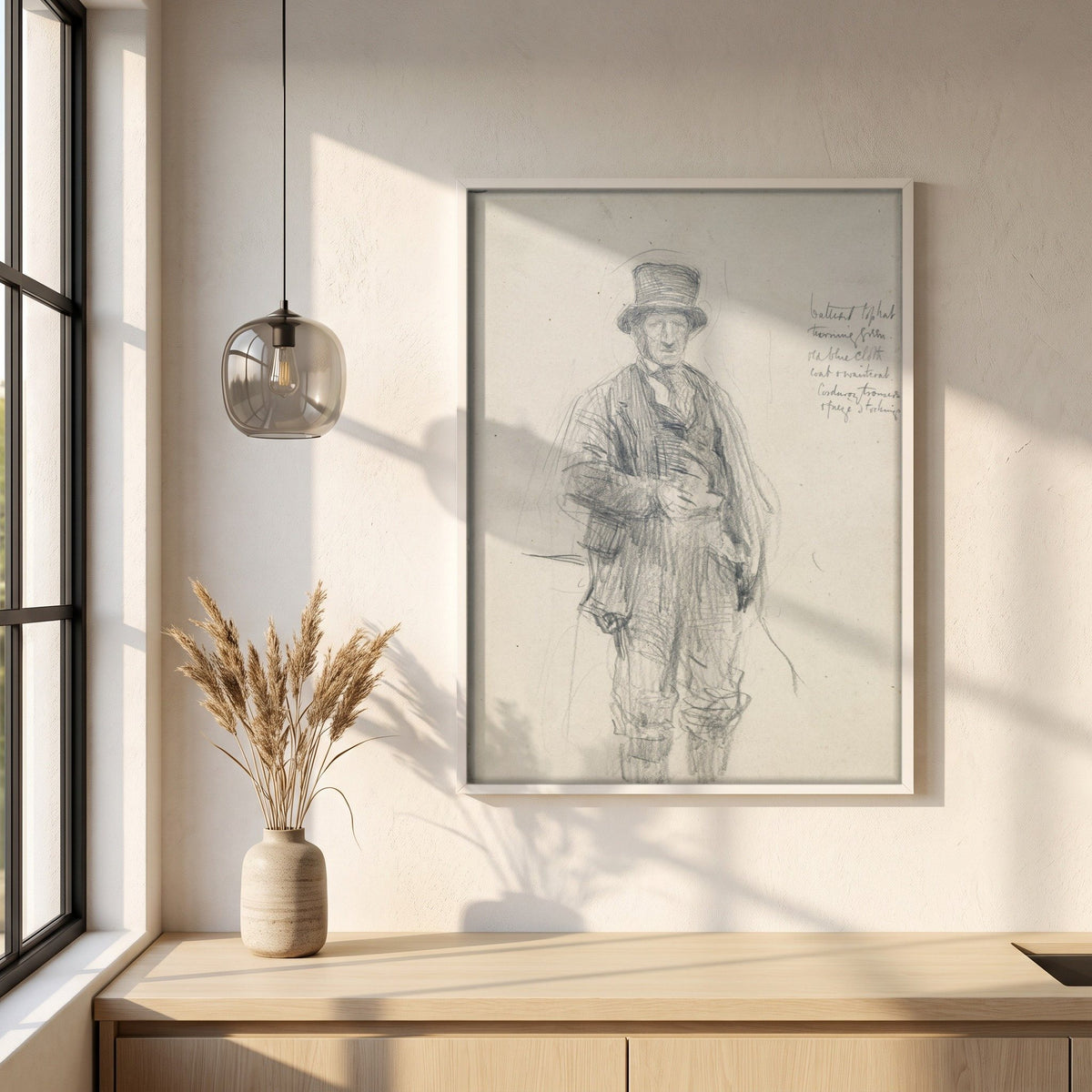 A Galway Man framed print in a white frame on a plaster wall above an oak worktop in a bright Scandinavian kitchen