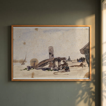 A Kneeling Man on the Beach framed print in a natural oak frame on a dark green wall beside a window, dappled plant shadow
