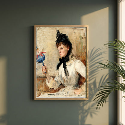A Lady Holding a Rattle framed print in a natural oak frame on a dark green wall beside a window, dappled plant shadow